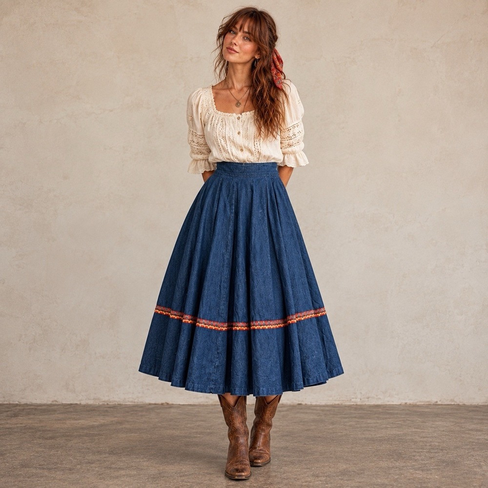 Handmade Dark Denim Skirt 28 S/M Pleated Midi Folk Embroidered Boho Prairie